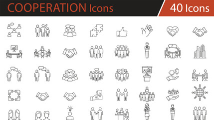 Professional business and teamwork icons set featuring collaboration, meetings, handshakes, networking, leadership, and communication concepts for corporate presentations, websites, and digit