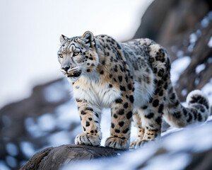 Obraz premium Snow leopard with spotted fur walking on a rocky snowy cliff in daylight big cat wild animal