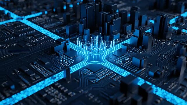 Abstract dark city, computer chip circuit pattern, technological background