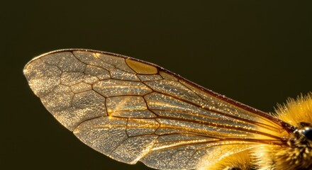 Detailed macro photograph reveals the intricate vein structure of an insect's translucent wing catching the light