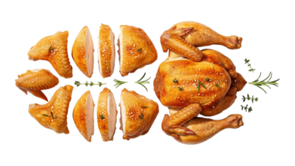 Roasted chicken expertly prepared and deconstructed with slices herbs and garnish