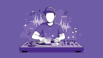 A faceless DJ character producing rhythmic beats on turntables amidst vibrant soundwave graphics for a modern music vector illustration © khafid