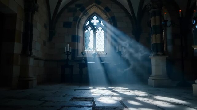 Serene interior of a stone chapel with sunlight streaming through stained glass windows, creating a tranquil atmosphere