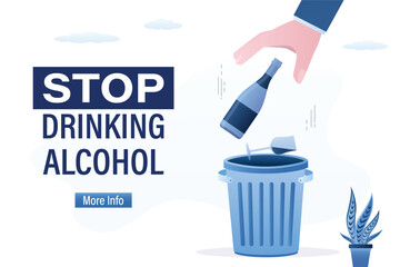 Fighting and stop with alcoholism. Addicted person struggling with alcohol addiction, abuse. Drinker throw wine bottle into trash can. Drunkard refusing from alcoholic drink