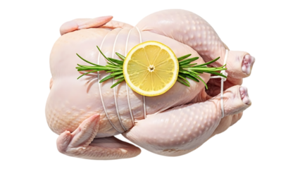 Raw chicken prepared for cooking with lemon and rosemary garnish displayed
