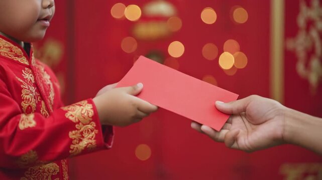Close-up of an adult hand presenting a red envelope (hongbao) to a child in traditional attire, symbolizing good fortune during a festive occasion.