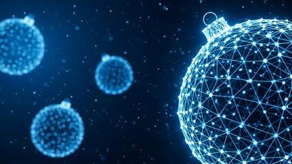 Glowing digital christmas ornaments rendered in a futuristic interconnected network structure against dark background
