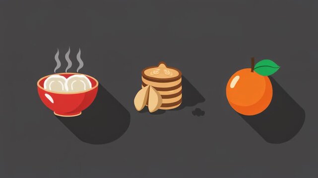Animated vector icons depicting steaming dumplings, a peeled orange, and a whole orange on a gray background, representing Chinese New Year food.