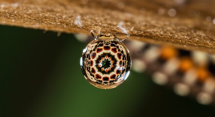 Single water droplet magnifies intricate wing pattern hanging from a textured surface