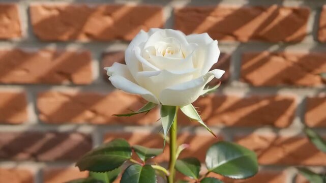 A single white rose blooming against a rustic brick wall, showcasing delicate petals and lush green leaves