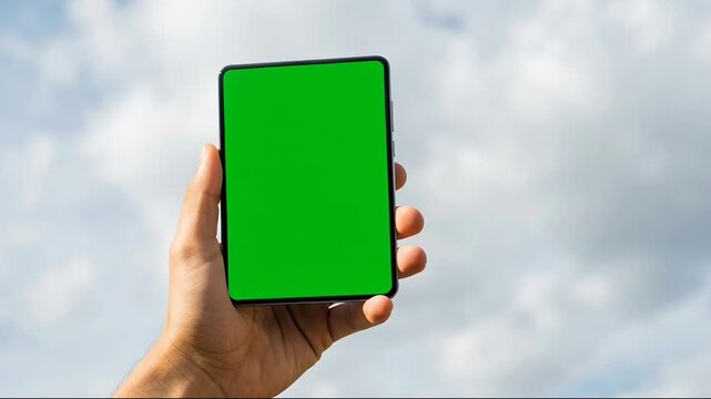Close-up of a human hand holding a modern mobile device with a vibrant green screen display, set against a bright, cloudy sky outdoors, perfect for technology mockups.