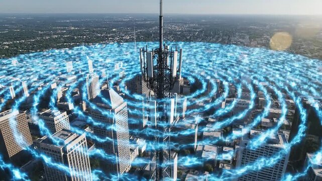 Cell Tower Broadcasting Signals Over Modern Cityscape with Blue Energy Waves.
