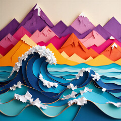 Creative paper cut art background with stylized ocean waves and colorful mountain peaks landscape in handcrafted style