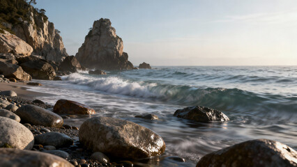 Ocean waves washing over smooth coastal rocks, creating a blurred water effect. travel magazines, destination branding, designed for outdoor magazines and nature guides.