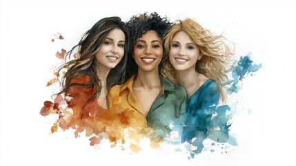 Women from diverse cultures presented together expressing collective strength, equality and shared identity while reinforcing feminism, inclusion and respect through unified social presence