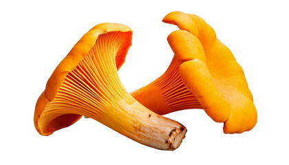 Fototapeta premium Two bright yellow chanterelle mushrooms, with visible gills and stems, isolated on a transpa.png