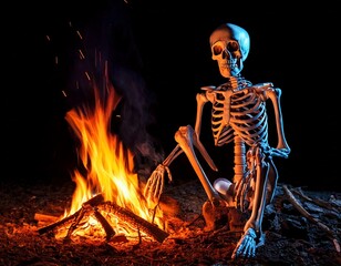 Spooky halloween skeleton with jack o lantern head sitting by a blazing campfire in the dark.jpg
