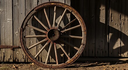 A weathered wooden wagon wheel, casting a shadow, leans against an old rustic wooden wall. The scene captures an aged, vintage feel