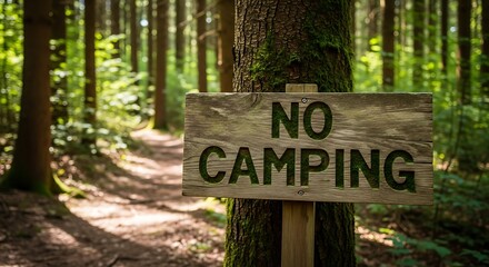 A weathered wooden sign, reading "NO CAMPING," is affixed to a tree in a verdant forest, with a path leading into the depth