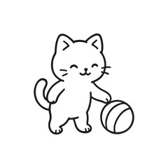 Line Drawing of Cartoon Cat Standing with Ball and Smiling Expression on White Background