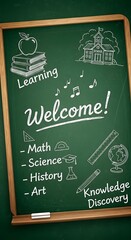 A welcoming chalkboard design featuring a school theme. It includes drawings of an apple, books, a schoolhouse, and other academic symbols