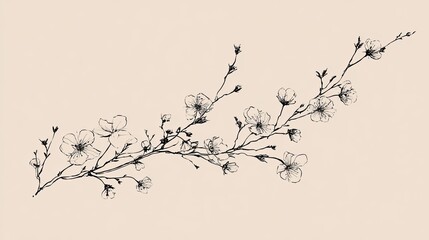 a black and white illustration of a plant branch adorned with small white flowers, gracefully arching over a solid line that represents a surface or background