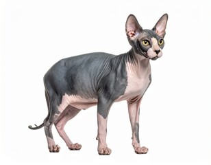 Photo of a Canadian Sphynx cat isolated on a white background. Hairless feline breed, ideal for pet, animal, and studio photography projects