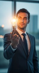 A well-dressed man holding a glowing lightbulb, looking thoughtful. Soft focus. Modern, urban background