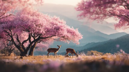 a serene nature scene with a family of deer in front of a blossoming cherry tree, set against a mountain backdrop