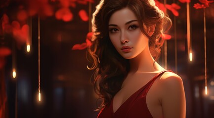 Captivating portrait of a woman with flowing hair illuminated by warm lights in a romantic setting surrounded by red flowers