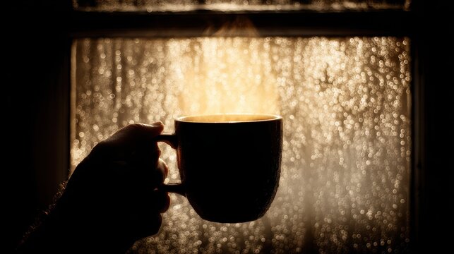 Cozy Cup in the Mist: A comforting hand cradles a warm mug of a beverage, its steam rising against a misty window, evoking a feeling of calm and contentment.