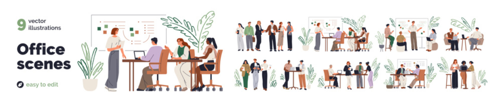 Office communication, collaboration, business teams set. People, colleagues coworking, discussing during meeting. Professional conversations. Flat vector illustrations isolated on white background.