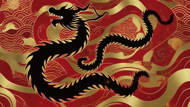Dynamic animation of a traditional black Chinese dragon against a vibrant red and gold wavy pattern background, symbolizing power and prosperity