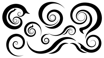 Dynamic collection of black stylized swirls and organic curves for decorative design, isolated on a white background.