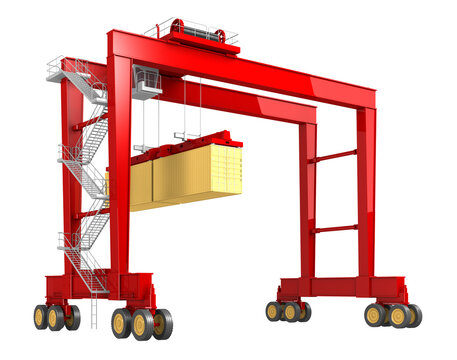Red rubber tyred gantry crane (RTG) lifting a yellow freight container, heavy duty machinery for warehouse terminal and shipyard logistics, 3d rendering.