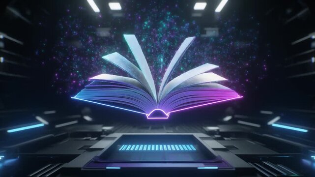 Glowing purple book opens on futuristic circuit board in dark tech lab with neon lights