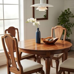 A well-lit, cozy dining space with a round wooden table, four chairs, and a window. Decor includes a vase with flowers