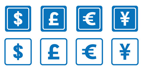 Currency symbols icons set with Dollar, Euro, Pound, Rupee, Franc, Ruble, Yen, Won . world currency icon.