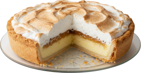 A delicious freshly baked pie with a thick layer of toasted meringue topping sits partially eaten on a clear glass serving plate 168 characters Dessert