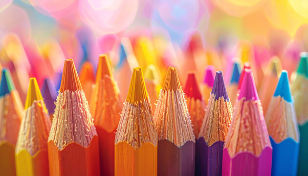 Macro shot of sharpened colored pencils with bokeh background and warm light art supplies - Powered by Adobe
