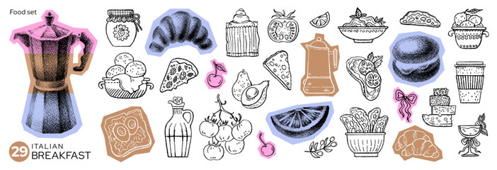 Italian brunch food. Doodle breakfast icons with coffee, pasta, wine, pizza. Italian or French brunch hand drawn line illustration. Vintage cafe breakfast sketch. Cheese, coffee, charcuterie menu bg