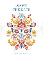 Template hand painted botanical blossom animal with folk art design elements. illustration Scandinavian holiday party