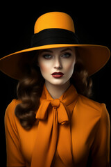 Elegant woman in a striking orange outfit and large hat poses against a dark background with a sophisticated expression