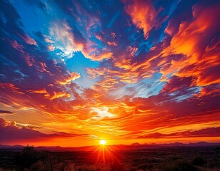  Vibrant sunset sky with wispy clouds and a fiery sun peeking through