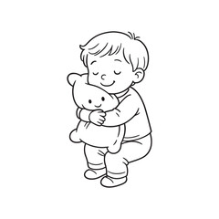  Line Drawing of Child Hugging Teddy Bear with Peaceful Expression on White Background