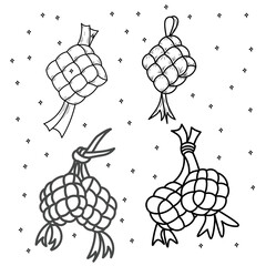 Ketupat rice dumpling asian traditional food, hand drawn of ketupat for Eid Al-Fitr, indonesian traditional food, Hand-drawn doodle ketupat "Happy Eid Mubarak"	