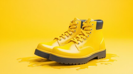 Bright Yellow Rubber Boots on Yellow Surface with Water Puddle