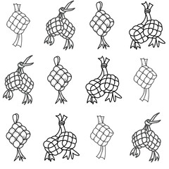 Ketupat rice dumpling asian traditional food, hand drawn of ketupat for Eid Al-Fitr, indonesian traditional food, Hand-drawn doodle ketupat "Happy Eid Mubarak"	