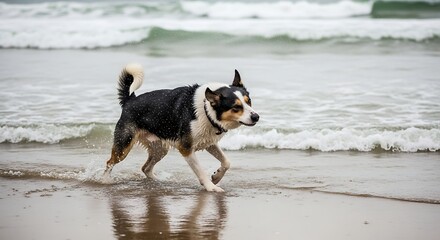 A wet, medium-sized dog with a black, white, and tan coat walks along a sandy beach as ocean waves crash in the background
