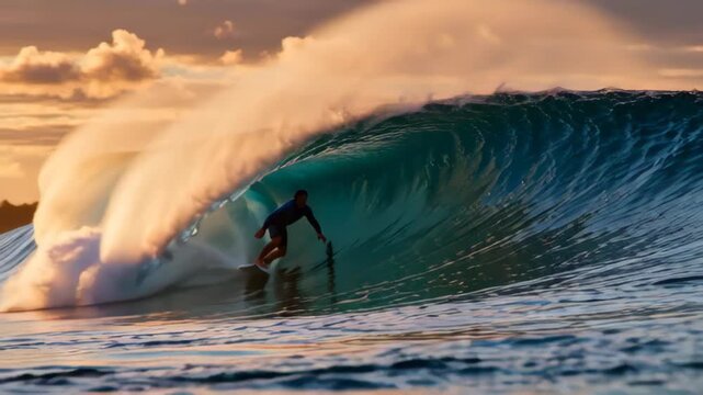 Surfer riding a towering ocean wave at sunset, showcasing dynamic motion and vivid colors